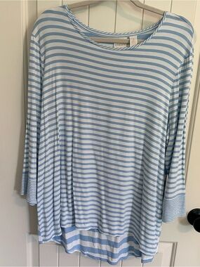 Chico’s Striped Tunic Top Size 3 XL Blue White High Low 3/4 Sleeve